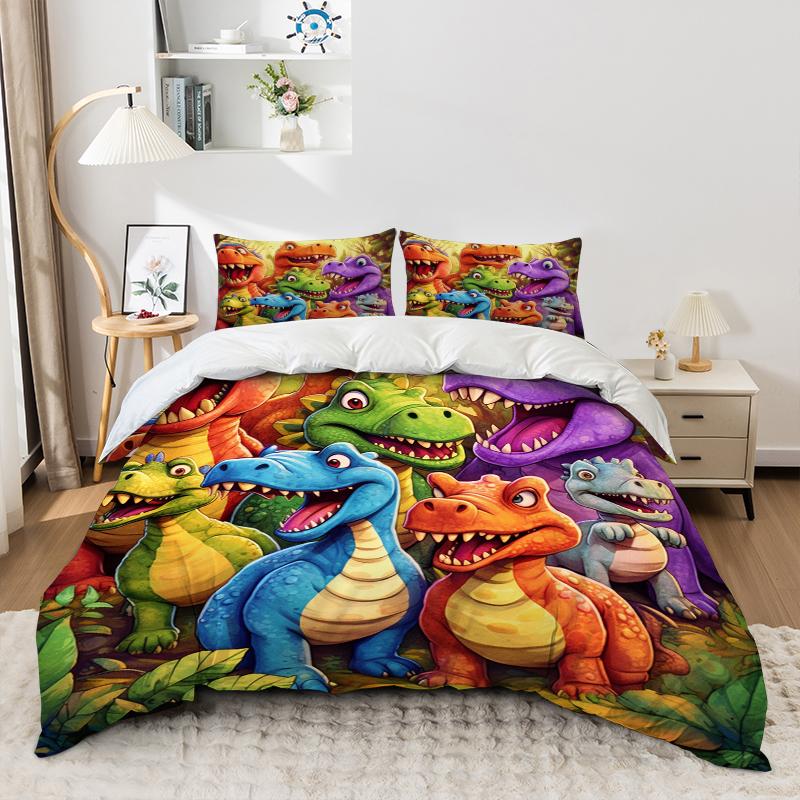 3Pc Cartoon Colorful Dinosaur Duvet Covers Comfortable Bedding Fabric Soft And Breathable Includ (Duvet Cover* 1+Pillowcases*2)