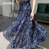 Women's Floral Chiffon Skirt Summer Autumn Maxi Flared Skirt with Elastic Waist QT2660