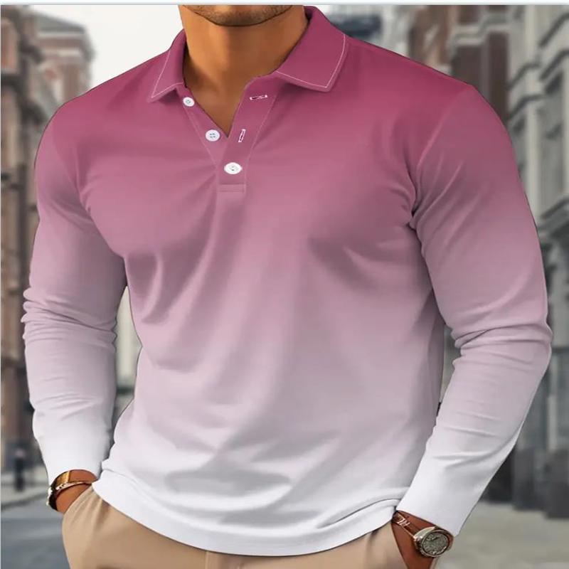 Новый мужской осенний топ с цифровым принтом, с длинными рукавами, в стиле цветных блоков, спортивный, повседневный, модный, с воротником-поло и градиентом