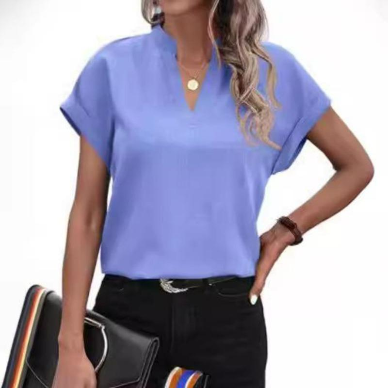 Women's V Neck Blouse Short Sleeve Linen Shirt Loose Fit Casual Summer Top
