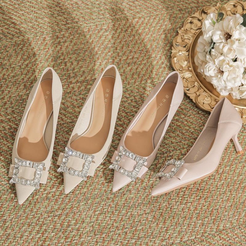 Весна и лето Новый стиль шпильки на высоком каблуке женские остроконечные стразы квадратная пряжка модные одинарные туфли