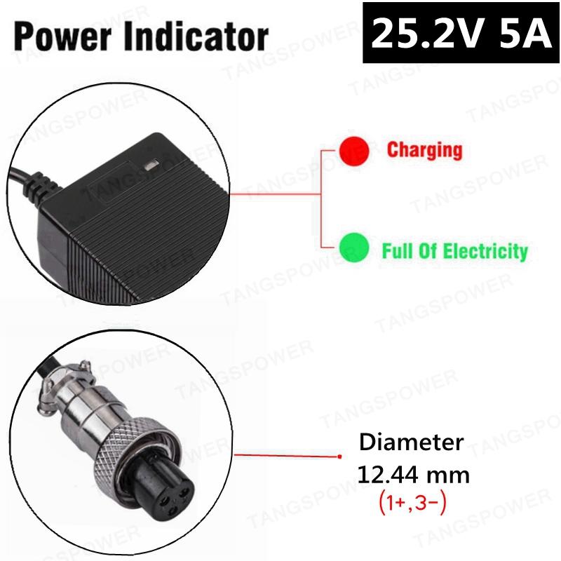 25.2V 5A Lithium Battery Charger For 6Series 21.6V Li-ion Battery Pack 150W High Power Charger DC 5.5*2.1mm Connector With Fan