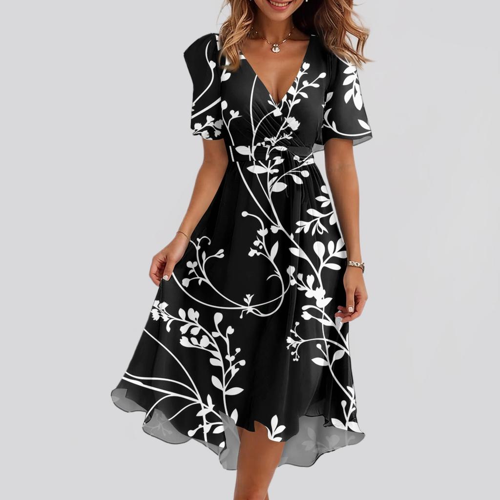 Женское свободное повседневное платье с V-образным вырезом, расклешенная юбка, короткие рукава, напечатанное платье с принтом