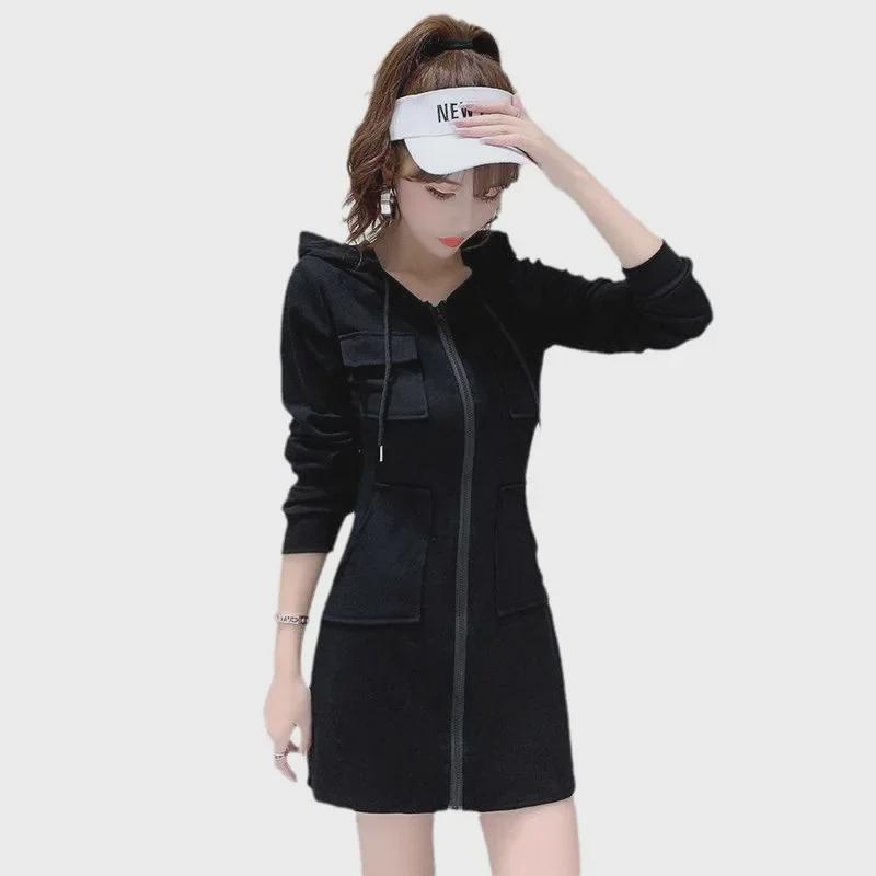 Plush Long-Sleeve Zippered Hoodie Dress - European and American Autumn/Winter Style for Women