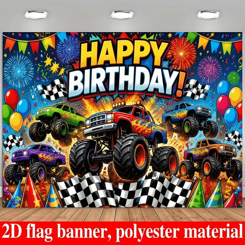 2D plane Birthday happy monster truck background cloth with multiple vehicles large-footed off-road trucks