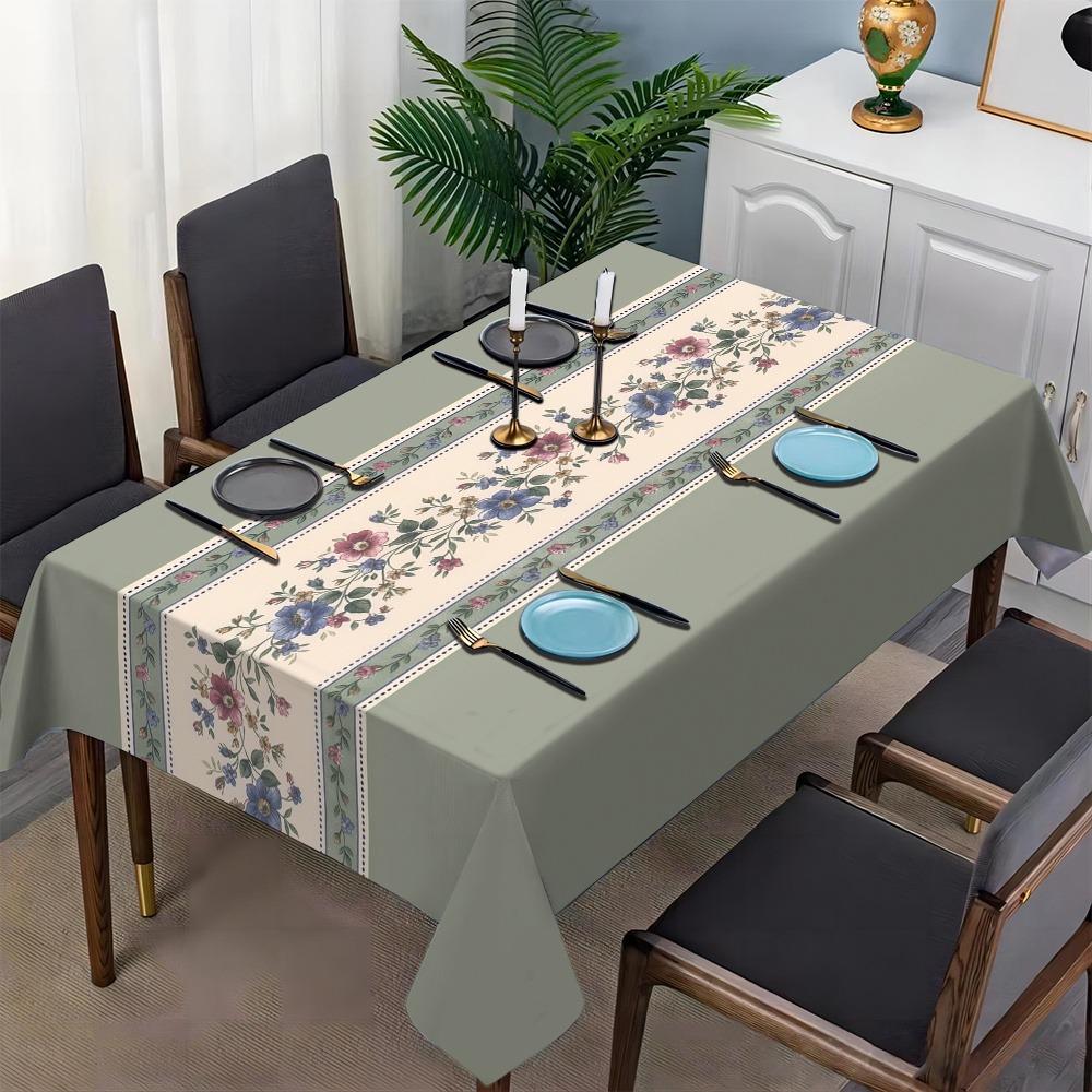 1pc Vintage Floral Striped Art Tablecloth, Instantly Creates a Tranquil Country Ambiance, Suitable for All Seasons Indoor And Outdoor Use. Square And