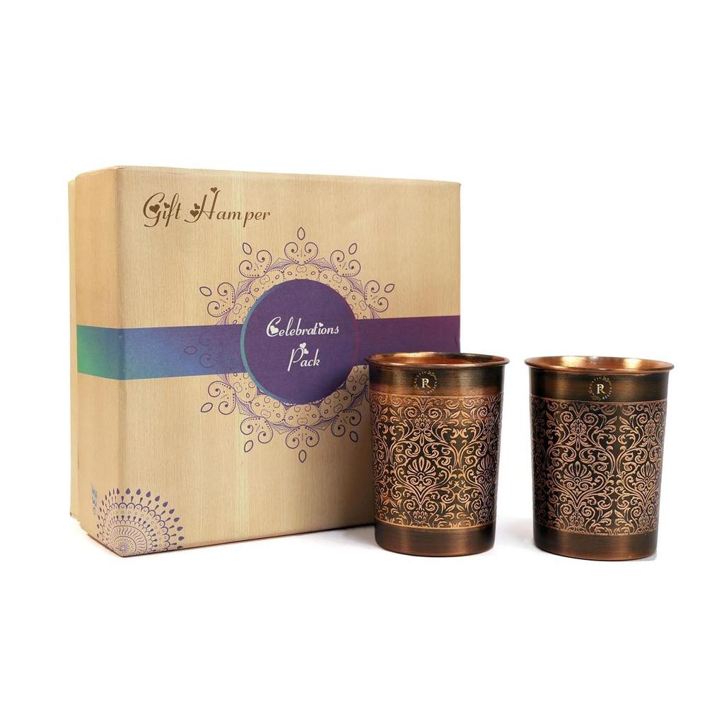 Pure Copper Glasses Gift Box Set of 2 | Hand Made Antique Finish Embosed Tumbler | Glass for Drinking with AYURVEDA Health Benefits
