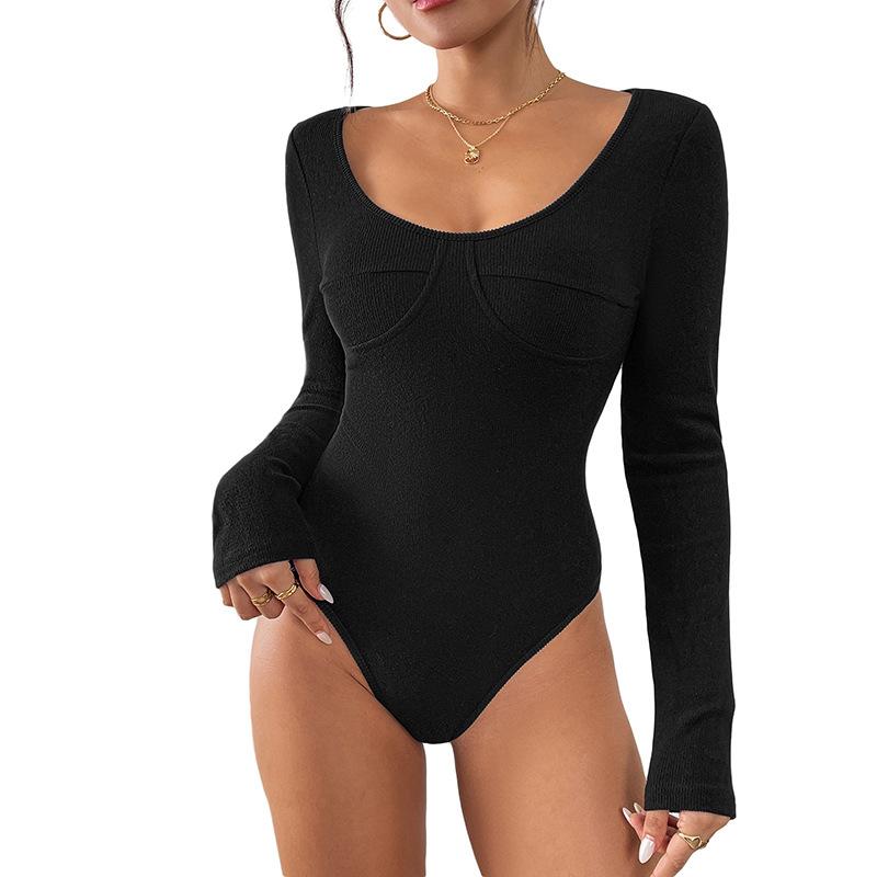 Осенний женский комбинезон с круглым вырезом и полосками, черный, с длинными рукавами