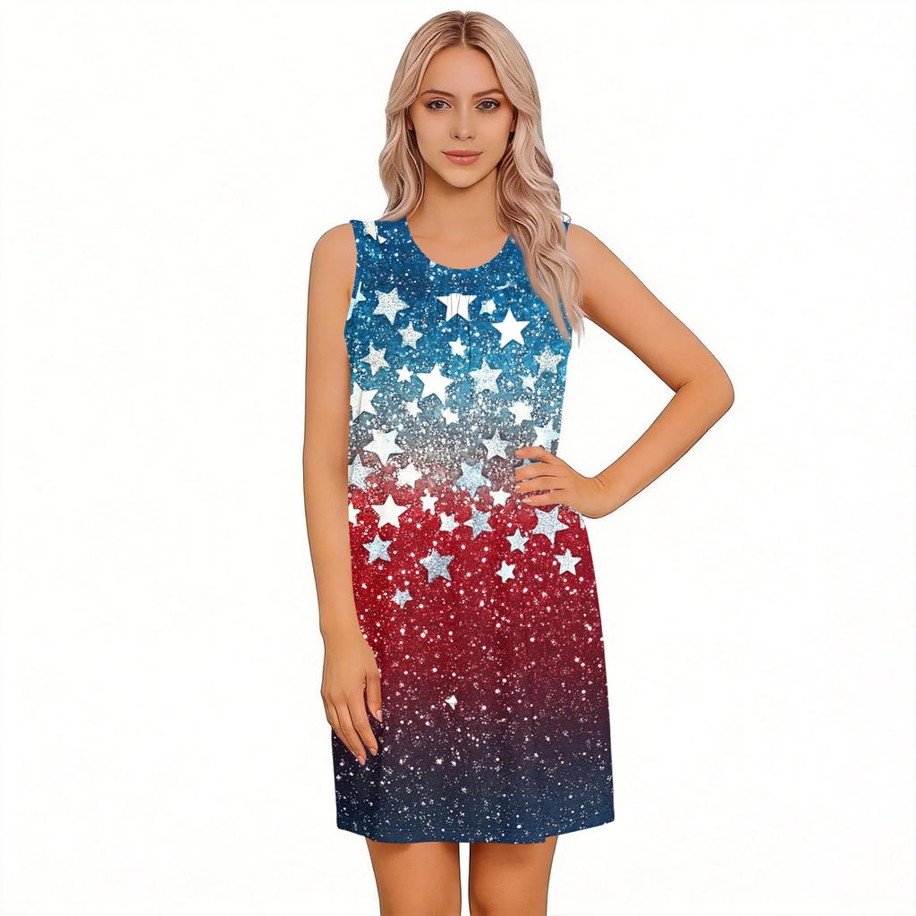 Sleeveless Loose Fit Star Print Dress Women’s Casual Tank Style Summer Dress with Side Slit and Gradient Pattern Design