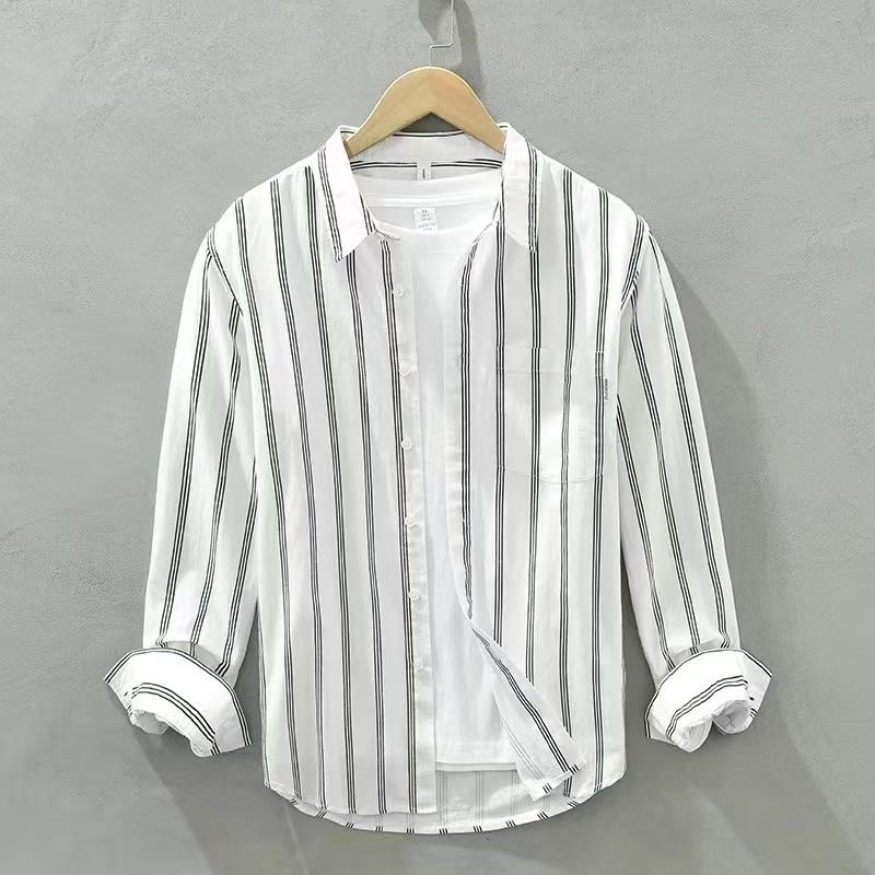Japanese Retro Striped Long Sleeve Printed Shirt for Men Loose Casual Versatile White Jacket Trendy Top