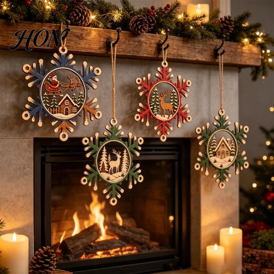 Lightweight Wooden Xmas Tree Hanging Set 4 Pcs Christmas Snowflake Ornaments, Rustic Decoration with Decorative Shapes for Gift Tags Elk Village House