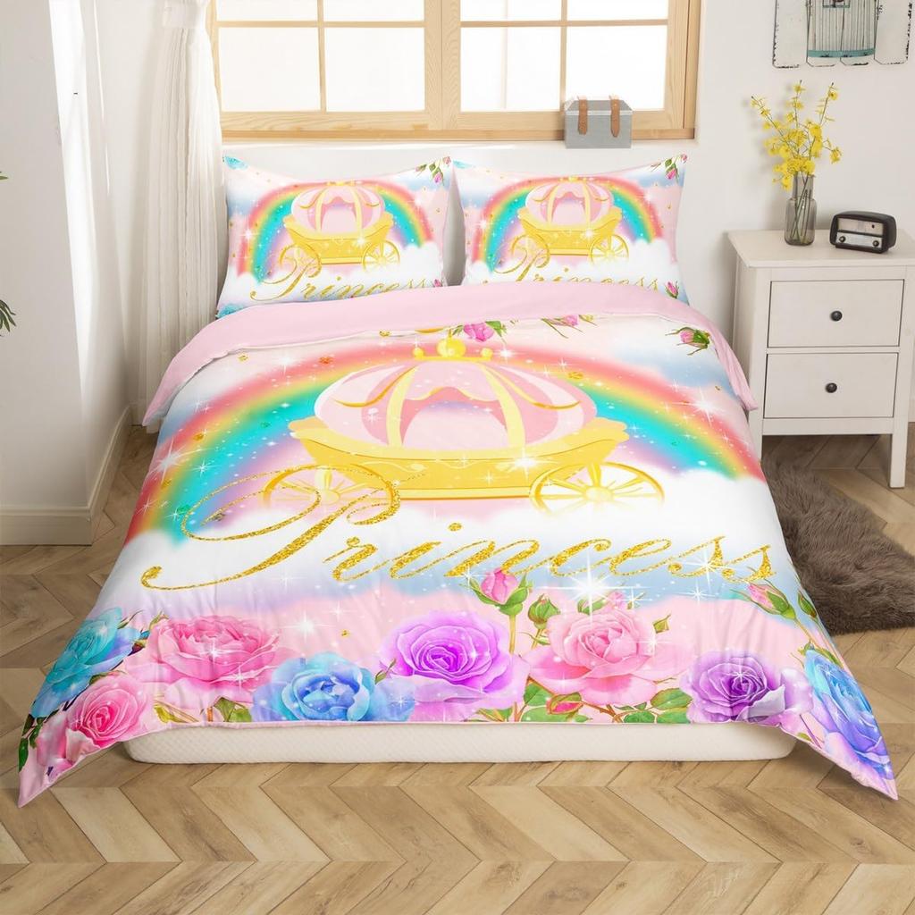 Fairy Tale Castle Bedding Set Twin QueenGirly Golden Castle Silhouette Duvet CoverBlooming Flowers Botanical Comforter Cover