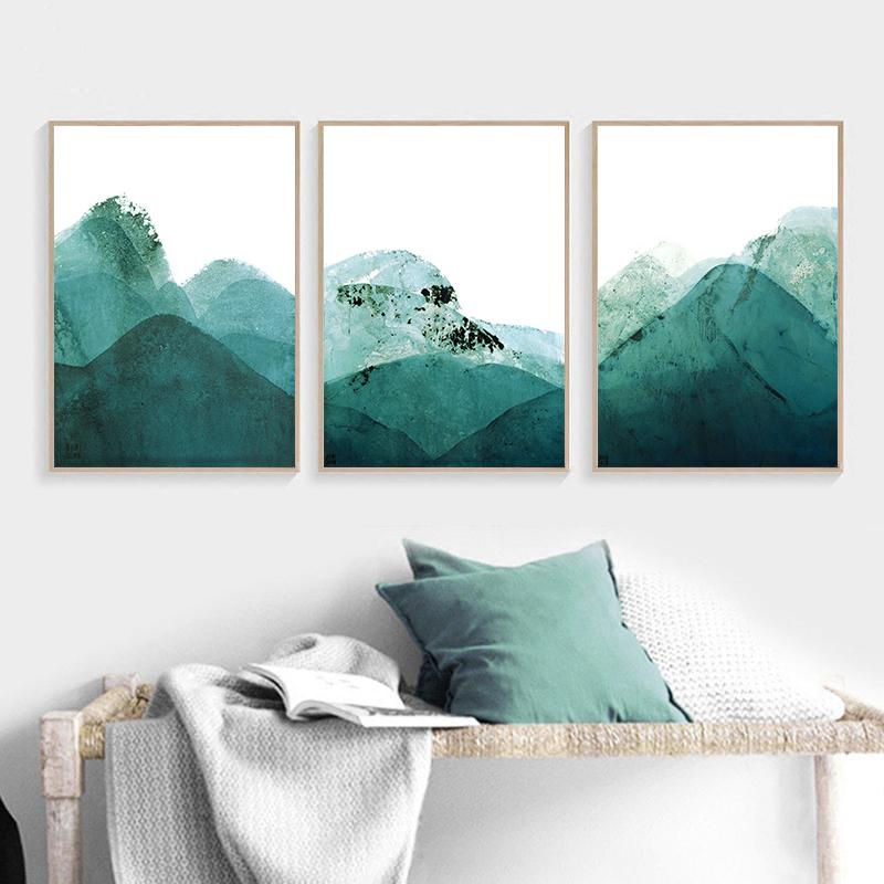 Новый китайский стиль абстрактный пейзаж живопись зеленые горы плакат настенная живопись холст картины украшения гостиной