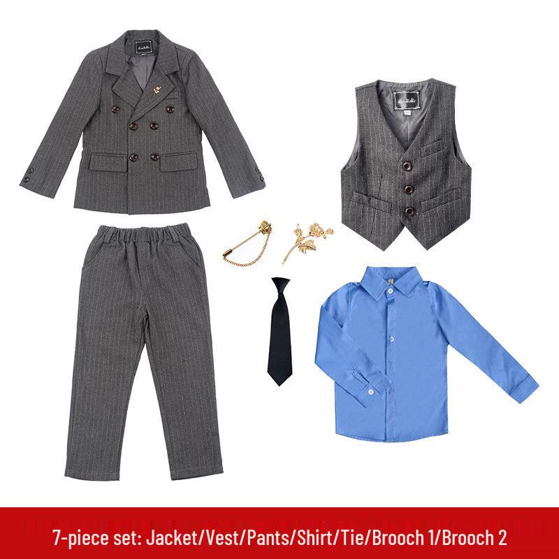 British Style Double-Breasted Boys' Three-Piece Striped Suit Set for Spring and Autumn