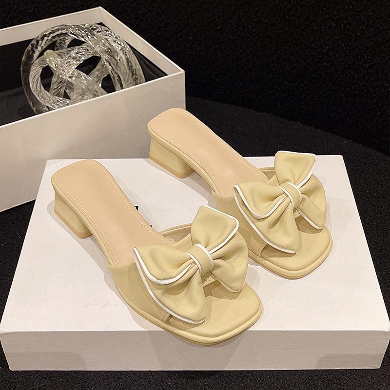 Sandals New Year's Women's Fashion Trend Medium Heel Thick Heel Half Drag Bow One Word Drag Outer Wear Square Head