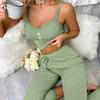 2 Pcs/Set Pants Top Suit Low-cut V Neck Sleeveless Solid Color Shirring Drawstring High Elastic Waist Lace Women Summer Pajamas Set Homewear