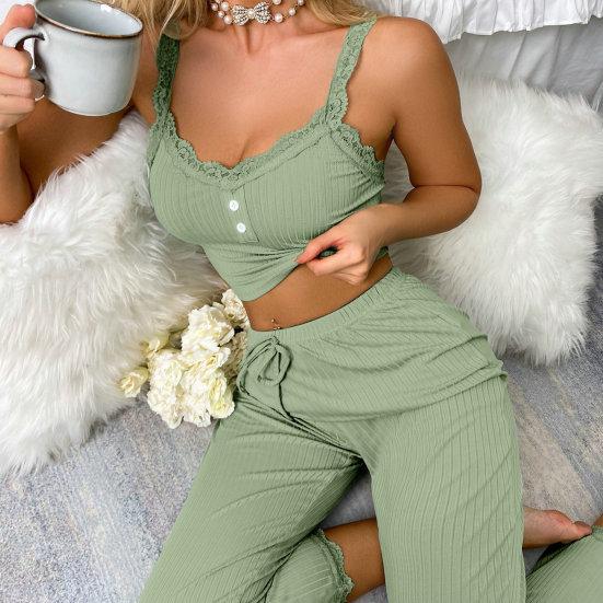 2 Pcs/Set Pants Top Suit Low-cut V Neck Sleeveless Solid Color Shirring Drawstring High Elastic Waist Lace Women Summer Pajamas Set Homewear
