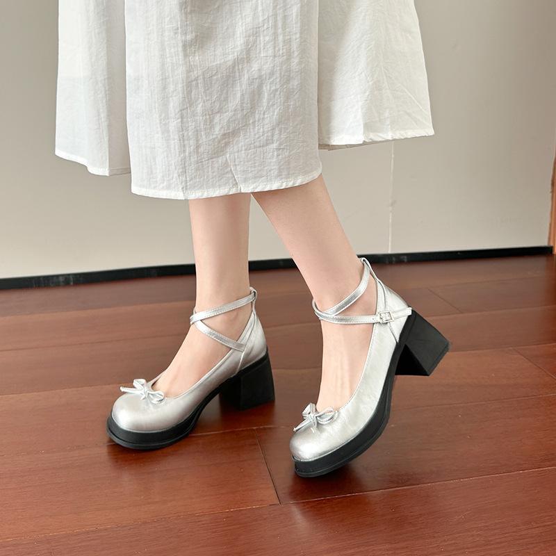 Французская мягкая кожа толстый каблук водонепроницаемый стол Мэри Джейн туфли сказочный стиль увеличивающие рост бант пряжка-ремешок мелкий вырез высокий каблук