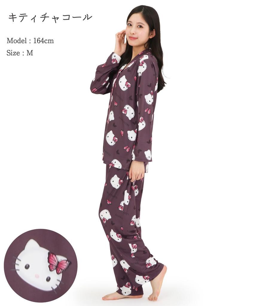 Пижама-рубашка Hello Kitty Пудра Стрейч Длинный рукав Длинные брюки Комплект верх и низ Домашняя одежда [SAZAC] Женская (Угольно-серый/M/SAN1906)