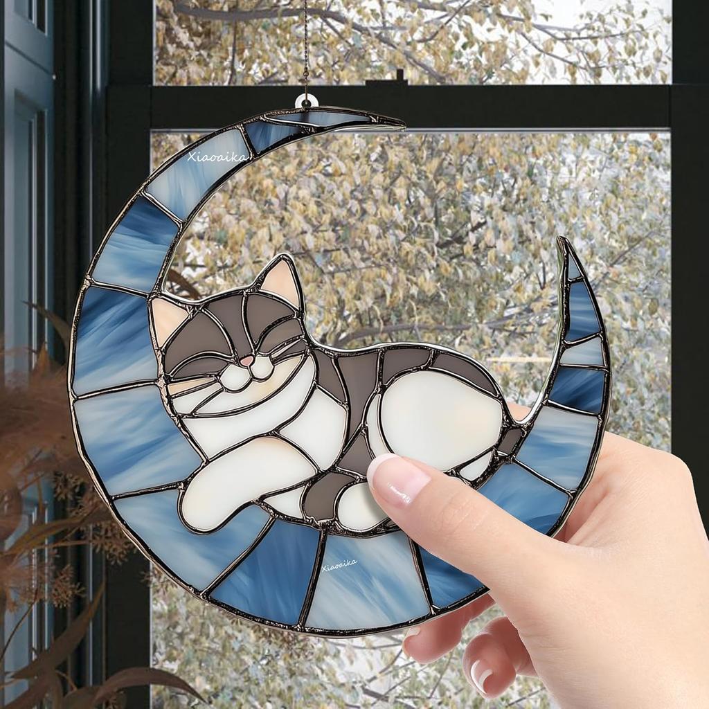 Acrylic Stained Glass Style Blue Moon Cat Window Hanging, Lightweight Faux Stained Glass Suncatcher for Home Decor, Cat Wall Decoration, Ideal for
