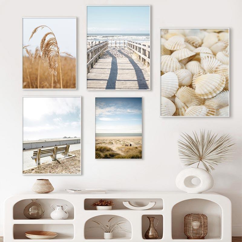Пляжная декорация Живопись Постер Океан Белые ракушки Мост Природный пейзаж Настенное искусство Скандинавский холст Принт Картина Для декора дома