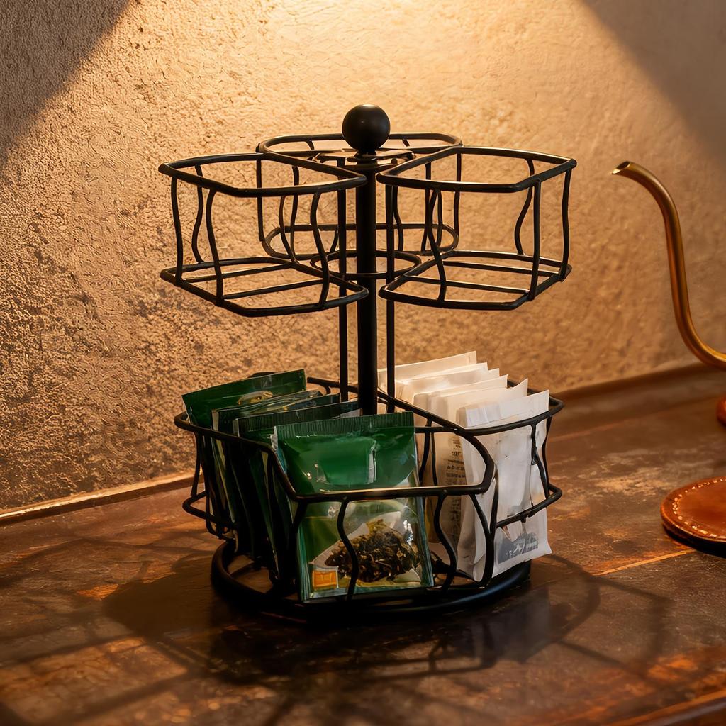 Tea Holder Organizer 2-Tier Rotating 6-Compartment Countertop Storage Creamer Sugar Teabag Basket Container for Home Office