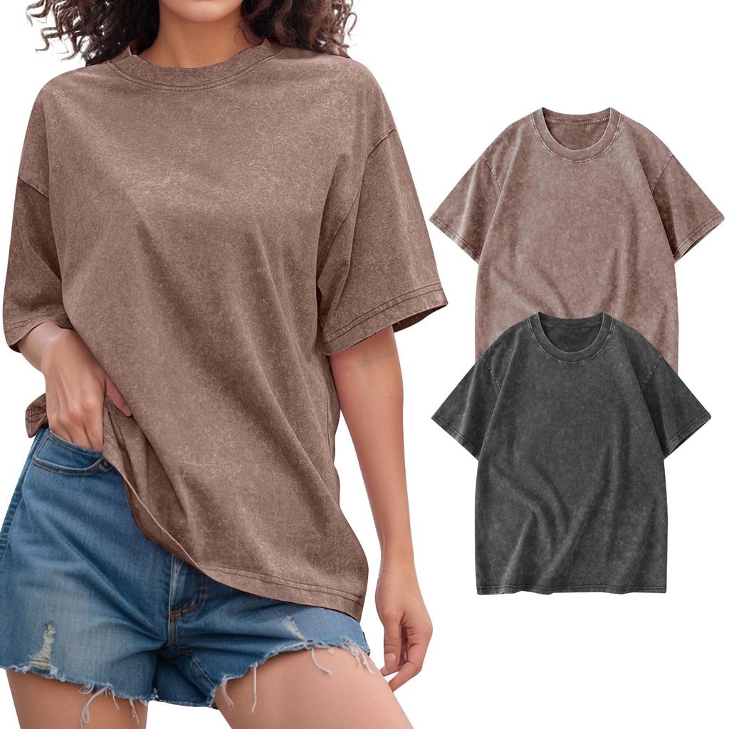 2PC Unisex T-shirt Casual Loose Solid Color Round Neck Pullover Short Sleeve T-shirt Top