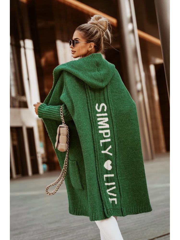 Осенне-зимний длинный кардиган с капюшоном, отложным воротником и вязаным узором с буквами