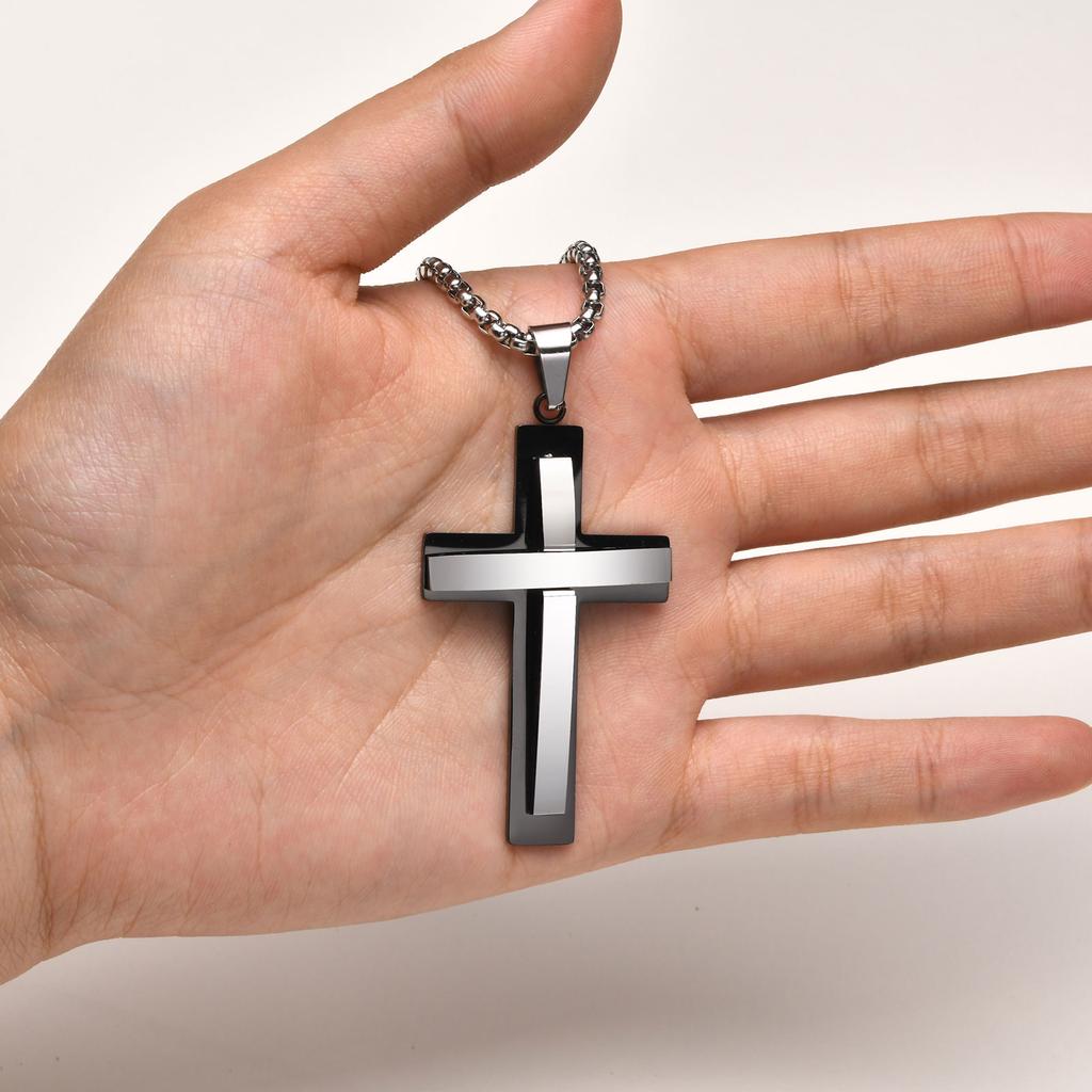 Стильные многослойные necklaces с крестом для мужчин и мальчиков, двухцветный черный серебристый цвет, подвеска-крест, религиозный молитвенный ожерелье