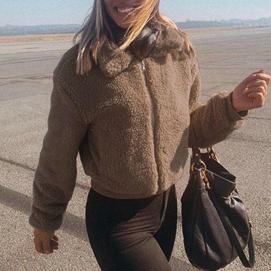 Женское зимнее пальто, толстое плюшевое однотонное пальто с длинными рукавами на молнии, мягкие теплые карманы с лацканами, повседневная эластичная манжета, уличная короткая куртка