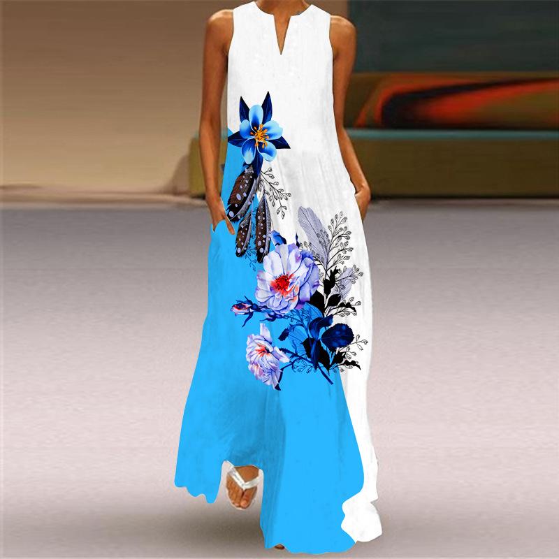 QICED Summer Women's Sleeveless Long V-Neck Printed Jade Flower Dresses