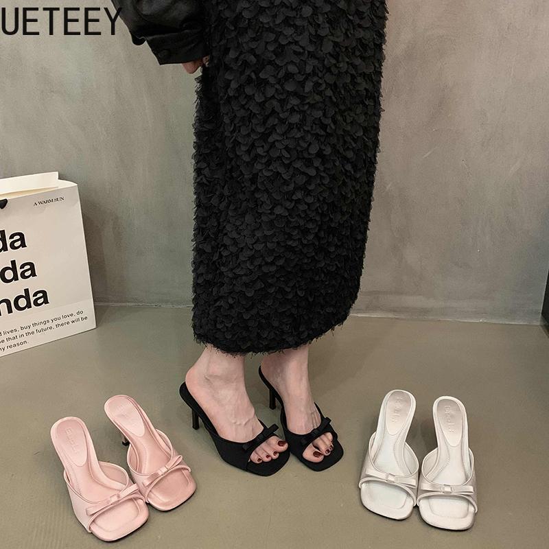 Дизайнерское Стильное Вечернее Платье Женские Тапочки Обувь Мода Бант Летние Открытый Носок Высокий Каблук Женские Шлепанцы Обувь