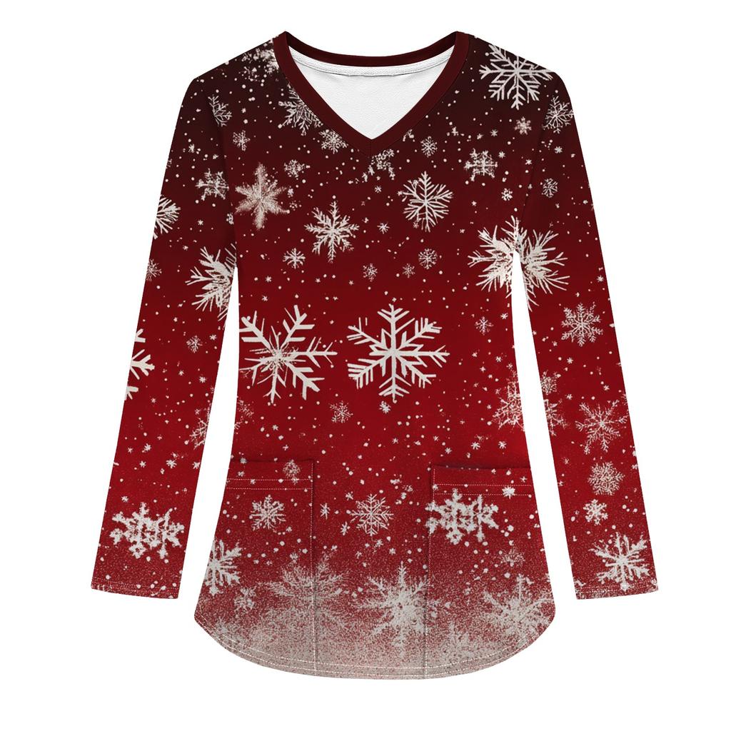 Женская модная рабочая одежда с V-образным вырезом, длинным рукавом и карманом, рождественский принт, футболка, топ