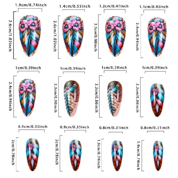 24 шт. средних накладных ногтей миндалевидной формы с красочными цветочными узорами и стразами. Искусственные ногти для зимы.