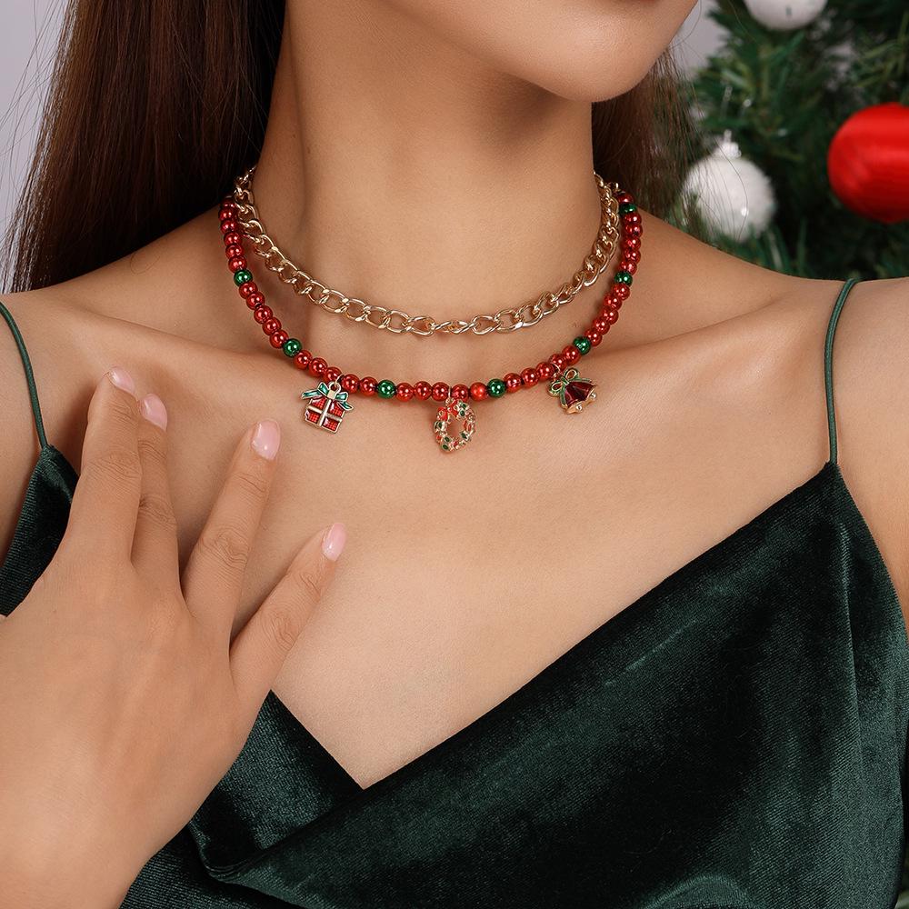 Trendy European & American Christmas Tree Polymer Clay Beaded Necklace Set with Bell Clavicle Chain
