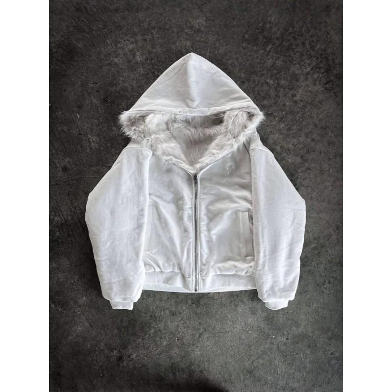 Winter Reversible Hooded Zip Fleece Cardigan Men Women Solid Color Loose Fit Streetwear