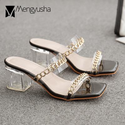 Модные босоножки на высоком прозрачном каблуке, женские прозрачные тапочки, туфли с металлическими цепями, женские двухполосные шлепанцы, женские босоножки с золотыми/серебряными цепями