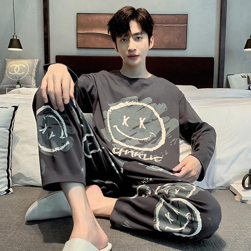 Мужской пижамный комплект большого размера с мультяшным принтом: С длинным рукавом, тонкий, для весны, осени и зимы - домашняя одежда для подростков и студентов.