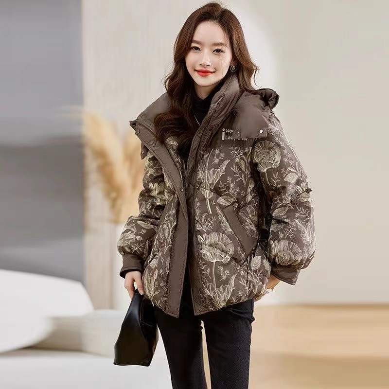 Women Stylish Winter Short Padded Coat Thickened Warm Jacket with Printed Design Petite Size