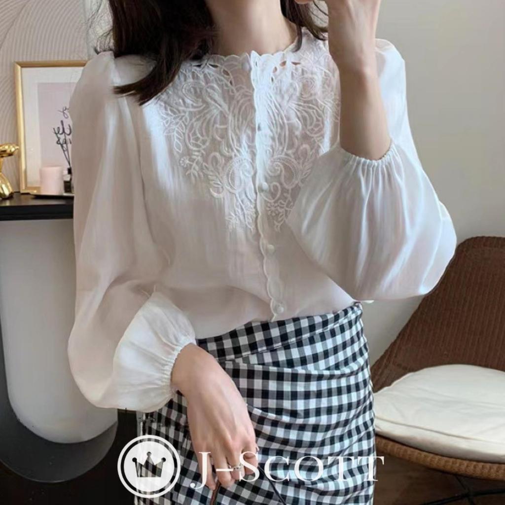 Блузка из вышитого шифона J-Scott с ботаническим принтом, рукавами-буфами, длинными рукавами, фестончатым дизайном, белая (JS86-WH-XL) (Ограниченный запас)