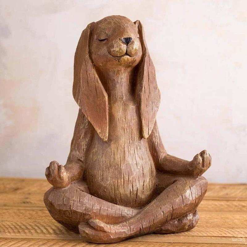 Yoga Gesture Rabbit Statue Meditating Zen Animal Sculpture Buddhism Bonsai Fountain Bunny Ornaments Parlor Garden Decoration