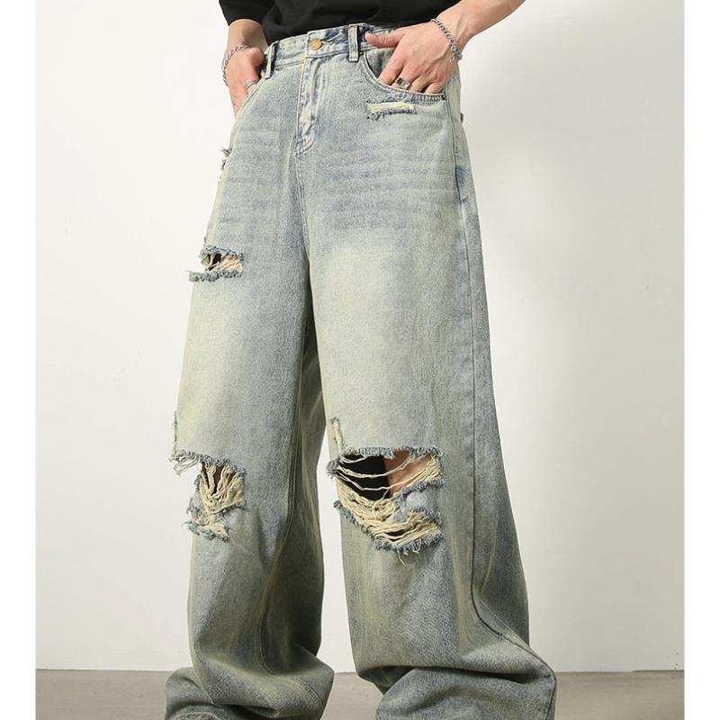 Мужские джинсы в корейском ретро-стиле, молодежные стритвир, широкие, мешковатые, рваные, полной длины, потертые, стирка деним