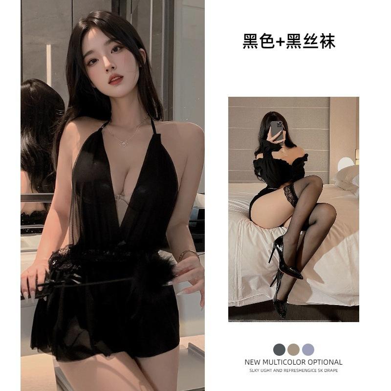 Sex underwear neck skirt European and American French nightgown dinner bar uniform mesh backless perspective nightclub dress