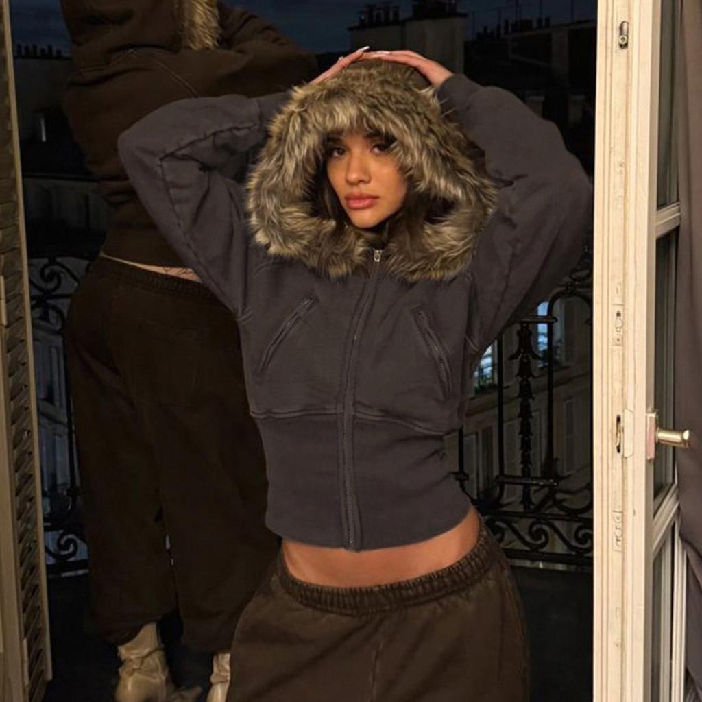 VAYLA Куртка укороченная приталенная с капюшоном и отделкой из искусственного меха Y2K с длинными рукавами и застежкой-молнией, уличный стиль, повседневная, осенне-зимняя одежда
