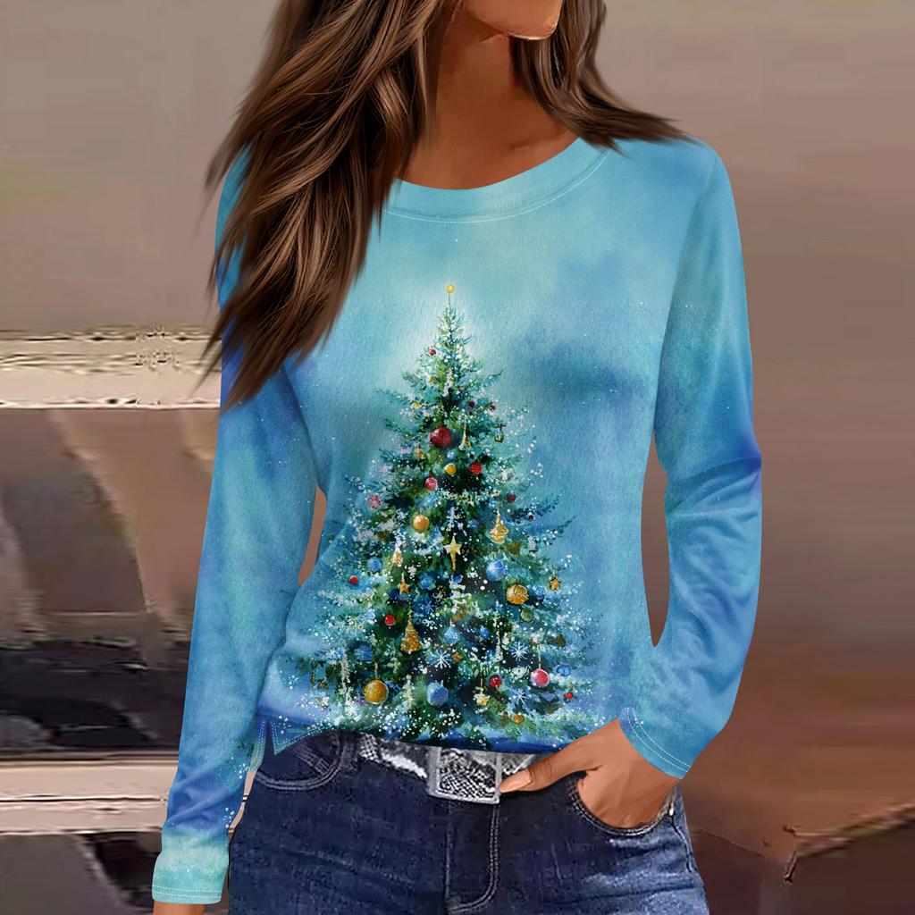 Женская мода повседневный топ с разрезом по низу и рождественским принтом с круглым вырезом и длинными рукавами