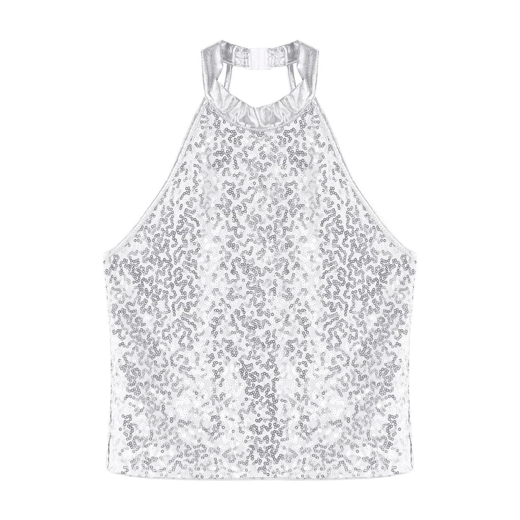 Kids Girls Sleeveless Backless Shiny Sequin Halter Crop Top for Dance Gymnastic Costume
