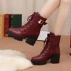 Women's Boots Winter Round Toe Thick Bottom Waterproof Platform High Heel Strap Lace Up Middle Ankle Boots Botas Mujer