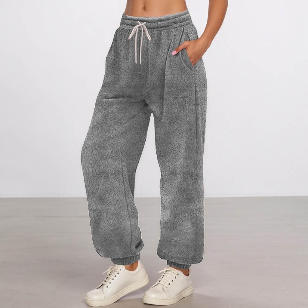 Women's Fashionable Solid Color Pocket Drawstring Elastic Waist Plush Casual Pants