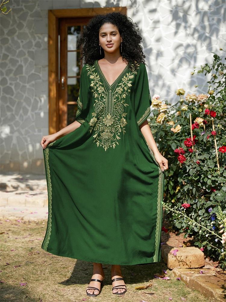 EDOLYNSA 2024 Sexy Gold Embroidery V-Neck Bat Sleeve Robe Long Dress Women Plus Size Kaftan Loose Beach Bathrobe Swimwear Coverup Q1642