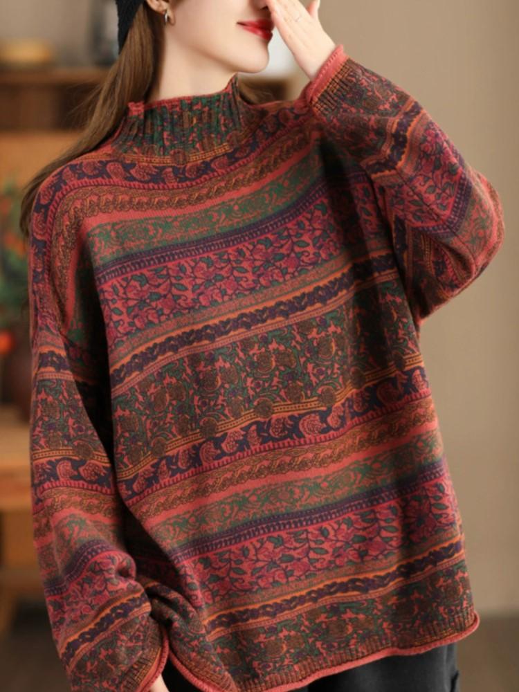 Johnature Women Pullover Vintage Sweaters Mock Neck Long Sleeve Spring Knitted Cotton Women Casual Soft Sweaters